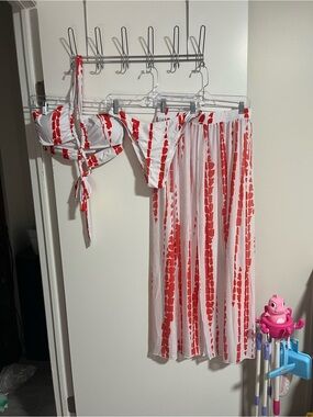 White & Red Striped Bikini Set with Matching Cover-Up